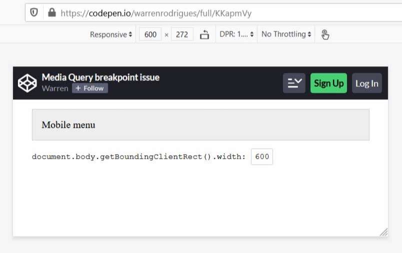 Screenshot of CSS breakpoint at 600px