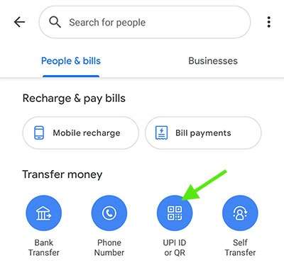 Google Pay - select UPI ID or QR